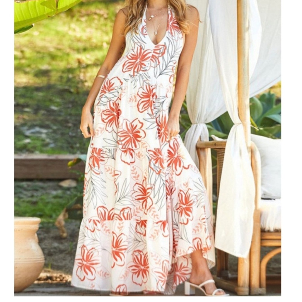 Floral Halter Neck Maxi Long Dress Medium NWT